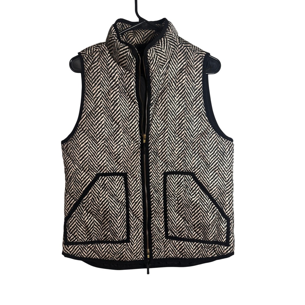 J.Crew Excursion Down Puffer Vest‎ Black Cream Herringbone 93111 Womens Medium